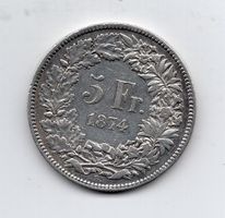 (1099) Schweiz, 5 Franken 1874 B., -vz