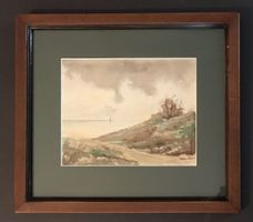 Aquarelle paysage marin avec cadre en bois 1900_1940