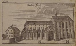 ZÜRICH PREDIGERKIRCHE & SPITAL, KUPFERSTICH, BLUNTSCHLI 1742