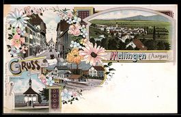 Lithographie Mellingen /Aargau, Bahnhof mit Restaurant, Anto