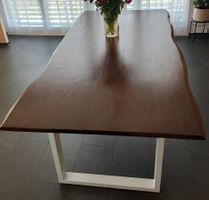 Massivholztisch Baumk. mit Metallgestell braun inkl. 6 Stuhl