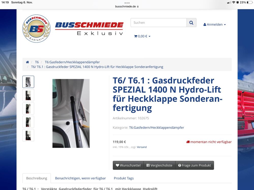 T6/ T6.1 : Gasdruckfeder SPEZIAL 1400 N Hydro-Lift für Heckklappe  Sonderanfertigung