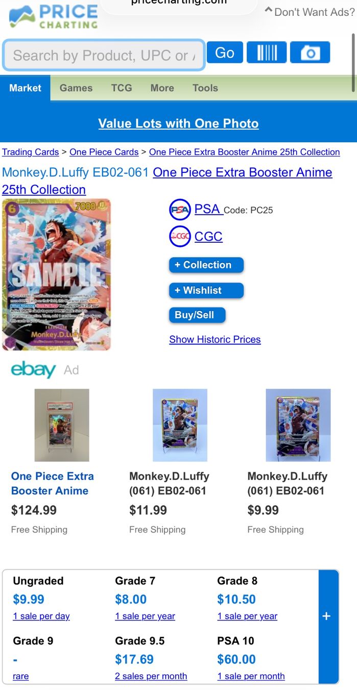 Bandai Carte collezionabili: Monkey D. Luffy EB02-061 SEC - SG 10 - Gem Mint - EN – Nuovo (secondo la descrizione) da Chêne-Bougeries venduto da Carte-Sauvage 2