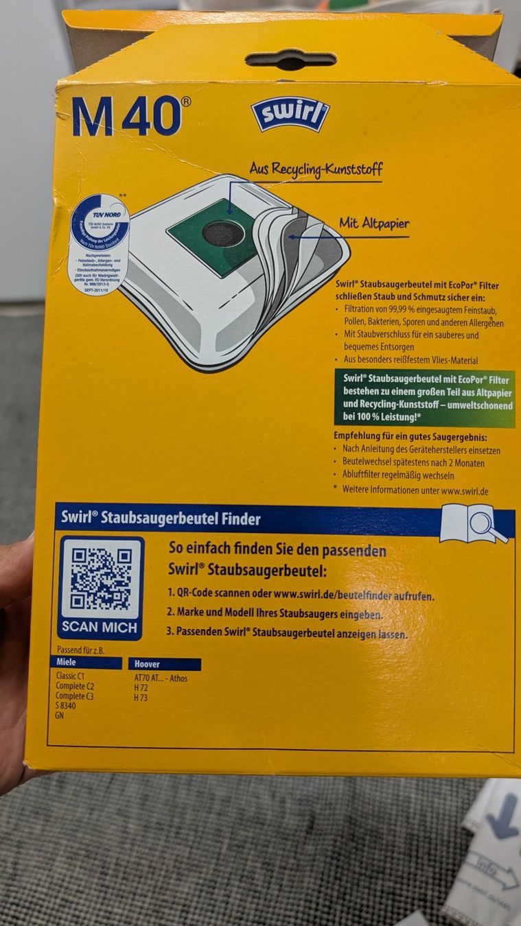 Altro per la casa: Swirl M40 Staubsaugerbeutel, 4 Stk. + Filter, Miele – Nuovo (secondo la descrizione) da Wetzikon ZH venduto da tho_my6v 2