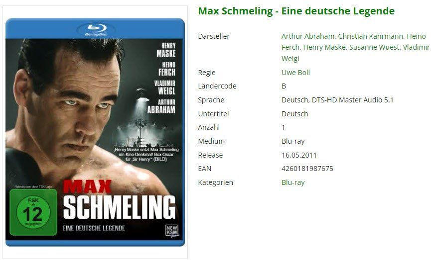 Tutti i DVDs: Max Schmeling - Eine deutsche Legende (Bluray) – Usato da Emmetten venduto da SVollenweider