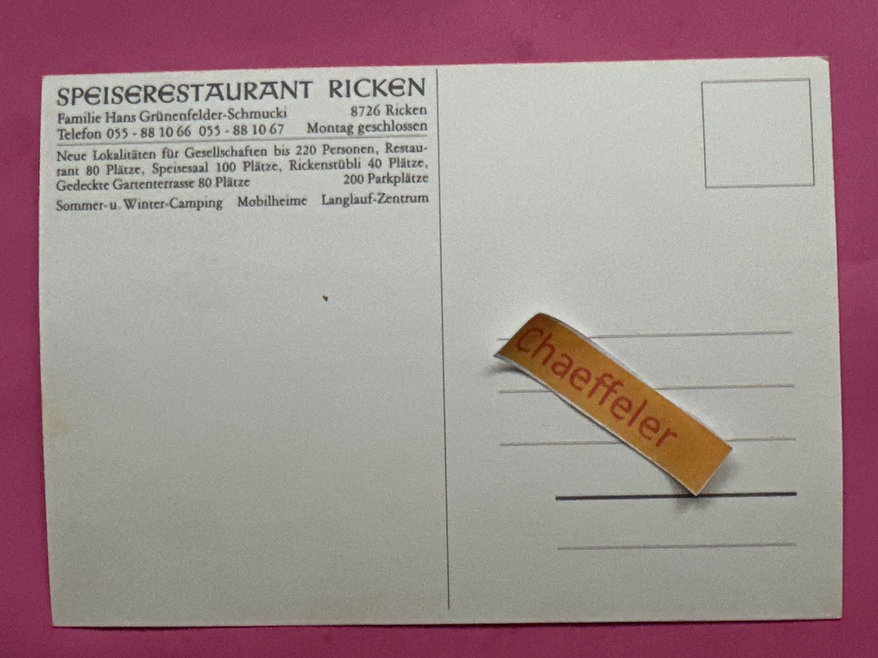 Cartoline postali: Speiserestaurant Ricken – Usato da Zürich venduto da Chaeffeler 1