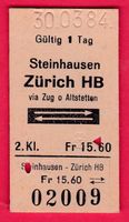 KARTON BILLETT, STEINHAUSEN - ZÜRICH HB, 2.KLASSE, RETOUR