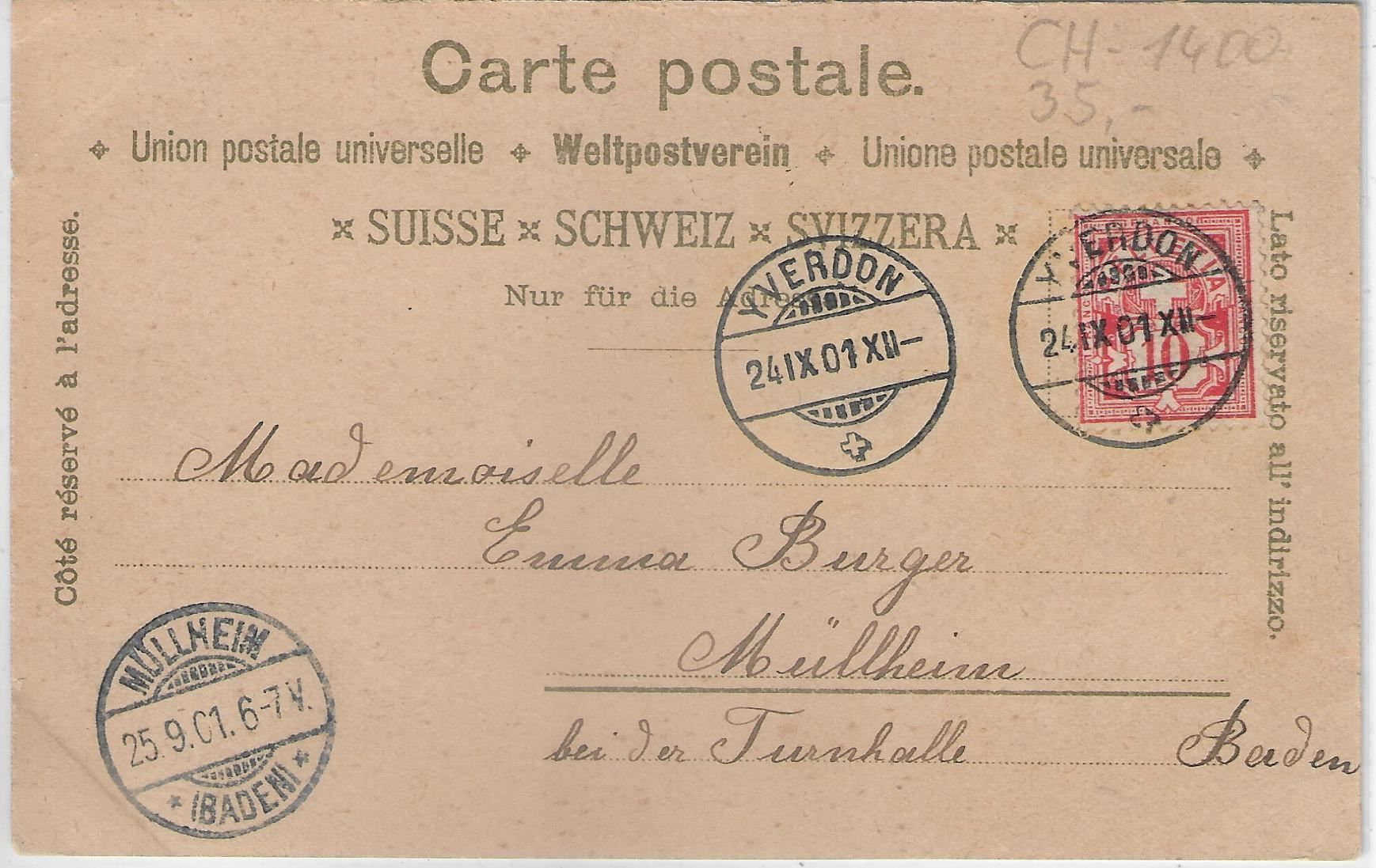 Cartoline postali: Souvenir de Yverdon - Litho 1901 – Usato da Ettingen venduto da Kartenplanet 1