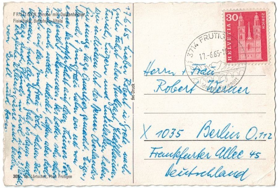 Ansichtskarten: Frutigen, Kirche, gelaufen 1956 – Gebraucht aus Frauenfeld von POML 1