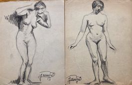 Jeanne JANOGE (1890-?) 2 dessins au fusain de femmes nues