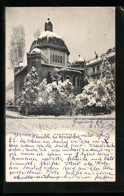 Cartoline postali: Geneve, La Synagogue, Synagoge im Winter – Usato da Berlin venduto da bartko-reher