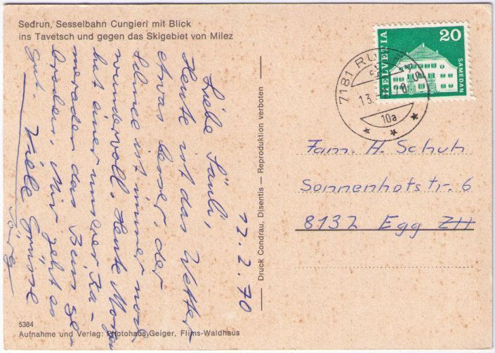 Cartoline postali: Sedrun - Sesselbahn Cungieri – Usato da Binningen venduto da Mountainrider 1