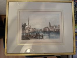 Zürich Ansicht Lithographie L. Deroy 1840 gerahmt guter Zust