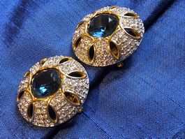 Vintage Top Ohrclips Strass Blau ca 1980