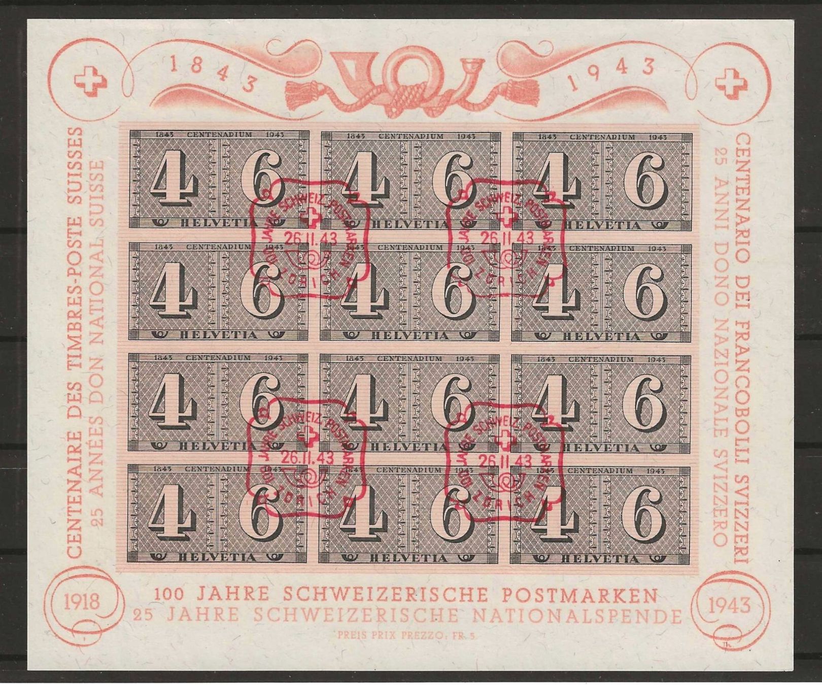 Alle Briefmarken: 1943 : Luxusblatt W16, Ersttag – Gebraucht aus Gümligen von Geniusbuy