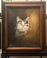 Ölgemälde „Katzenporträt“–Signiert– Leinwand –Mit Holzramen