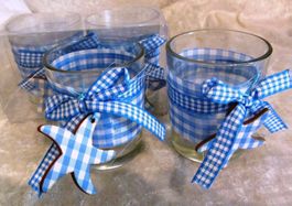4 maritime Gläser mit blauweissem Band und Seestern ca. 6.5