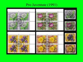 "Pro Juventute" Vollstempel-Serie mit Viererblöcken (1991)