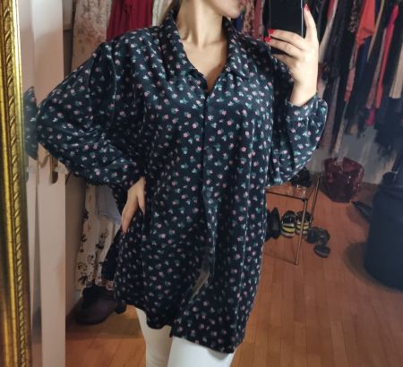 Schwarze Vintage  Cordbluse mit Blumenmuster Plüsch Gr. XXL