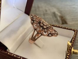 Ring filigran Silber rotgold vergoldet länglich mit Simili