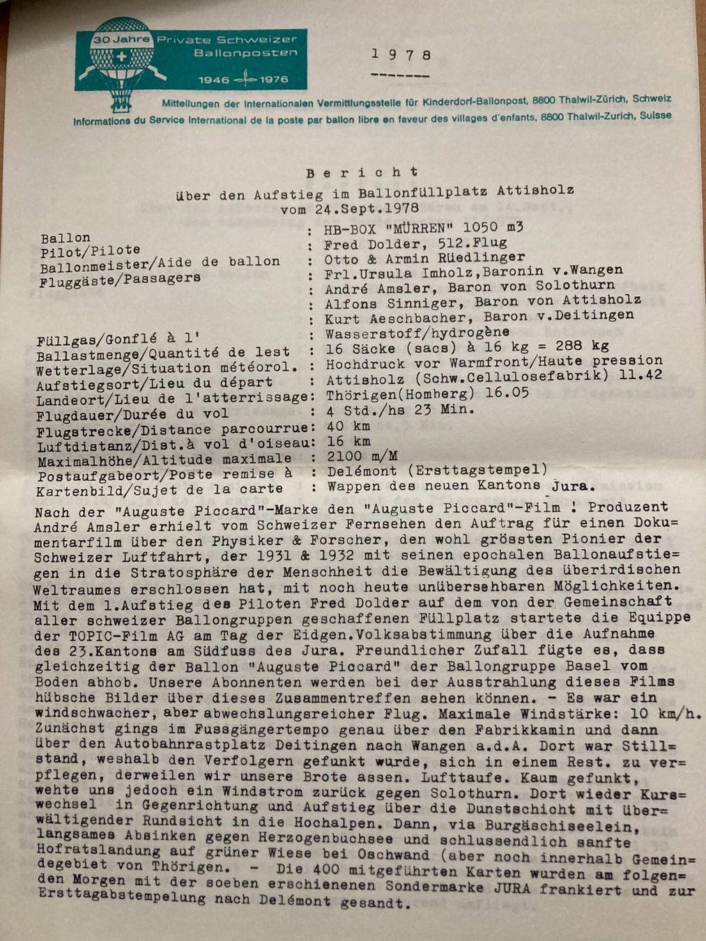 Documenti: Schweiz 1978 7 Berichte Private Ballonposten – Nuovo (secondo la descrizione) da Liestal venduto da schnueps 2