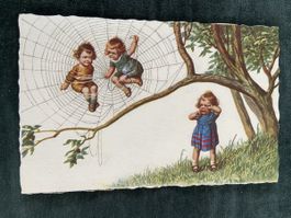 Alte Ansichtskarte Kinder im Spinnennetz Illustration 