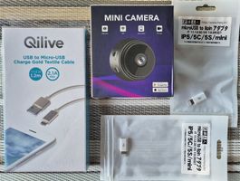 MINI Spy CAMERA, + 2x microUSB to 8pin,  + 1x 1,2 m Kabel