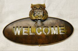Deko-Schild "Welcome" mit Eule, Metall, Vintage-Look