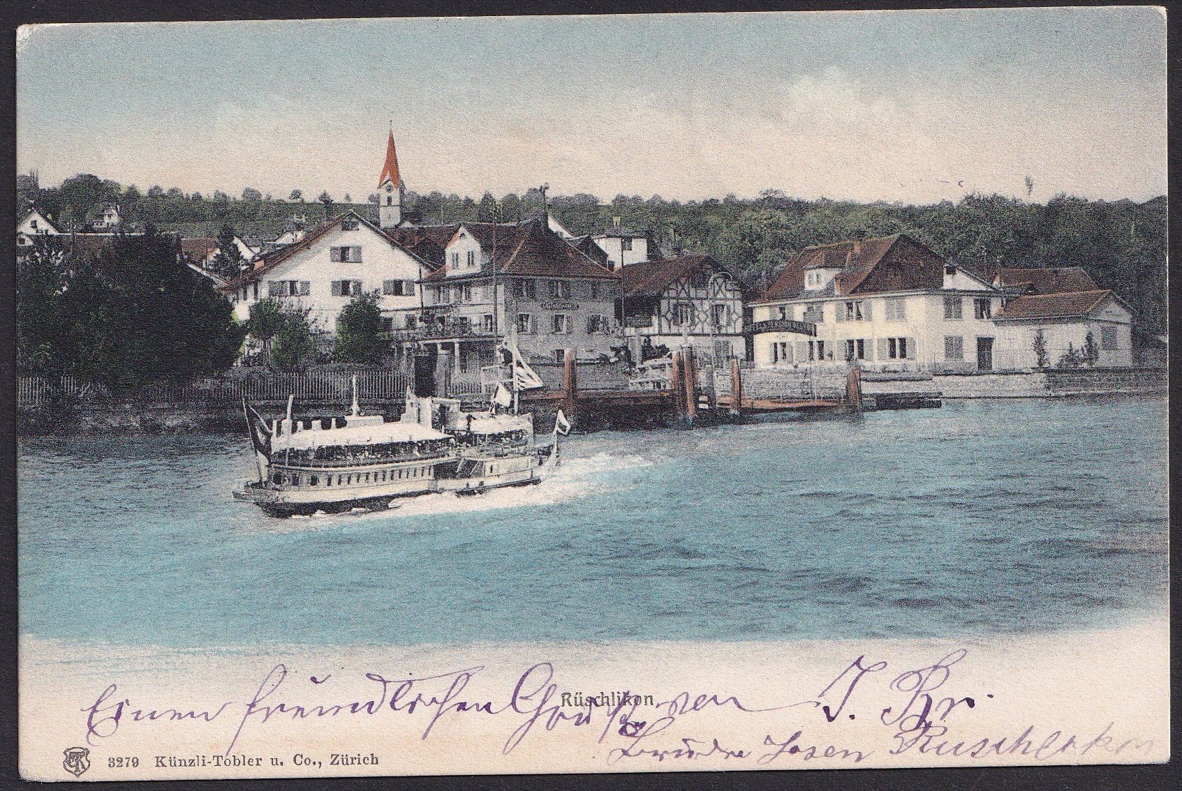 Cartoline postali: Rüschlikon colorierte Teilansicht mit Dampfschiff – Usato da Olten venduto da clotaldi