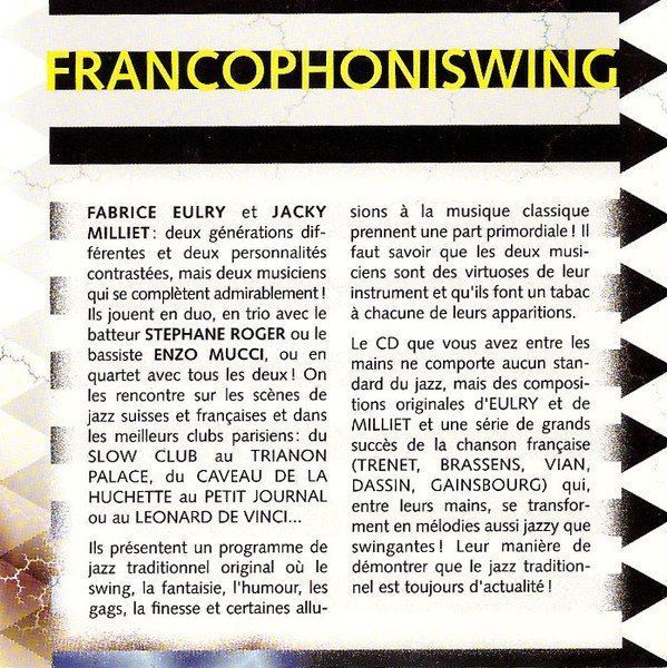 CD: Fabrice Eulry Jacky Milliet FRANCOPHONISWING Jazz Dixie CD – Usato da Kandergrund venduto da Sososo 2