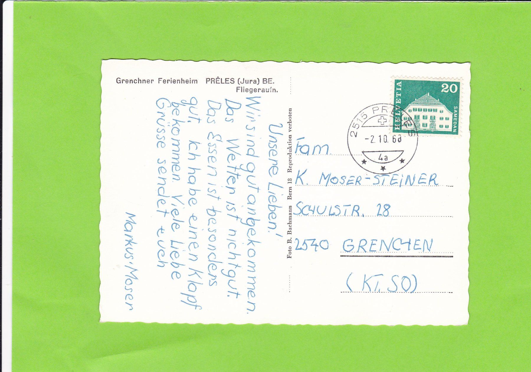 Cartoline postali: Grenchner Ferienheim Prêles-Fliegeraufnahme – Usato da St. Peterzell venduto da neckertal 1