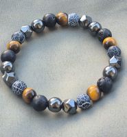 Bracciale con sfere occhio di tigre, pietre laviche, ematite
