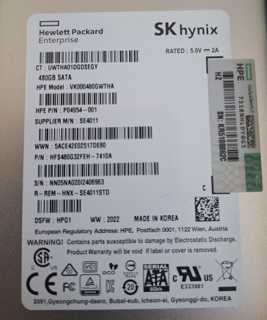 Hewlett Packard Dischi rigidi: HPE 480GB SATA Solid State Drive – Usato da Murgenthal venduto da Wifra62 1