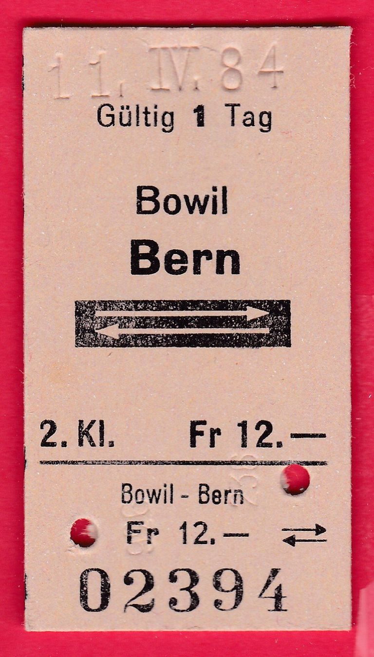 Tickets: KARTON BILLETT, BOWIL - BERN, 2.KLASSE, RETOUR, 11.4.1984 – Gebraucht aus Oberrieden von Gebirgsstelze
