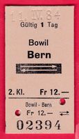 KARTON BILLETT, BOWIL - BERN, 2.KLASSE, RETOUR, 11.4.1984