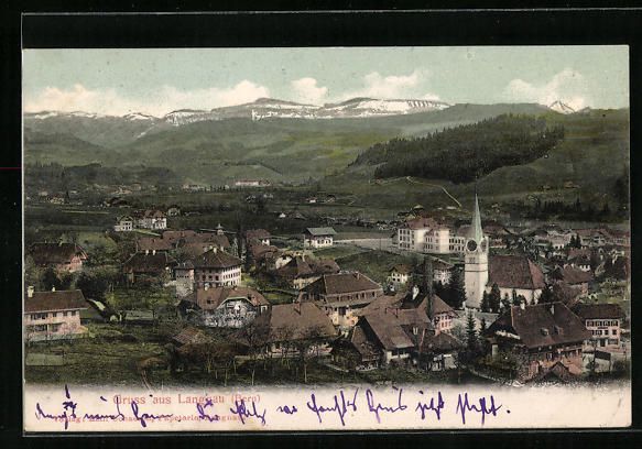 Cartoline postali: AK Langnau, Totalansicht mit Bergen – Usato da Berlin venduto da bartko-reher