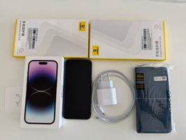 iPhone 14 Pro, 256GB, Akku 100%, Deep Purple + viel Zubehör