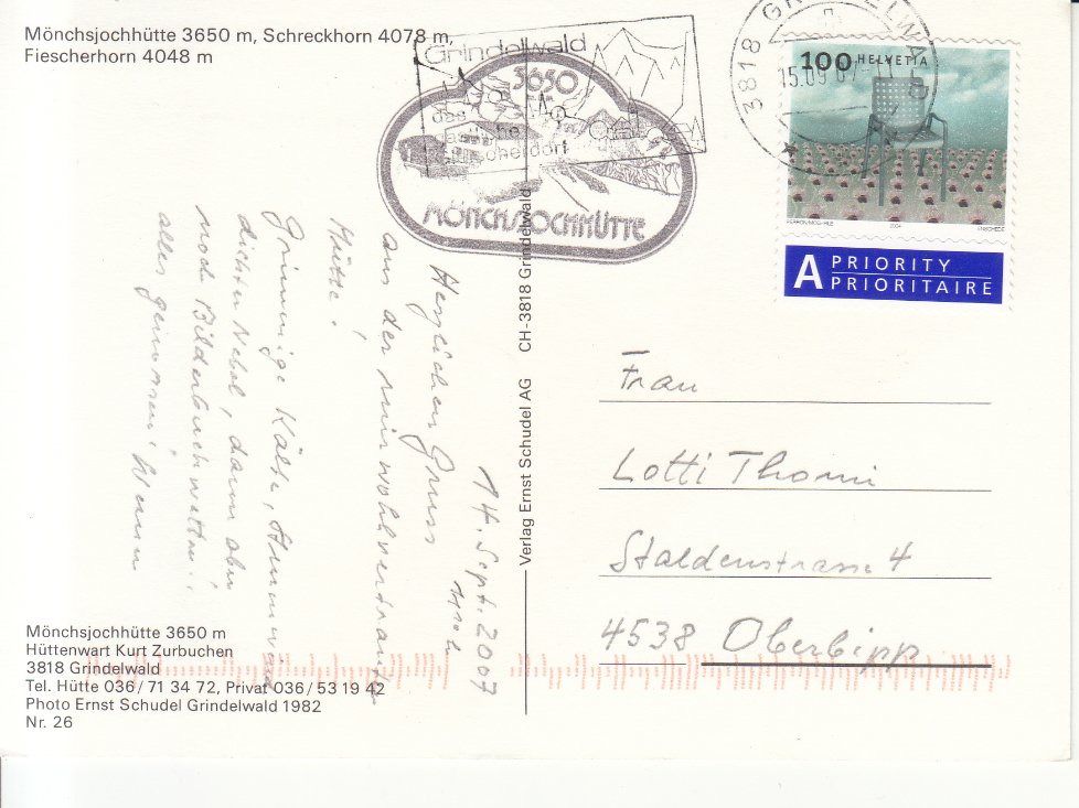 Ansichtskarten: Mönchsjochhütte 2007 – Gebraucht aus Bürglen TG von StampGraf 1