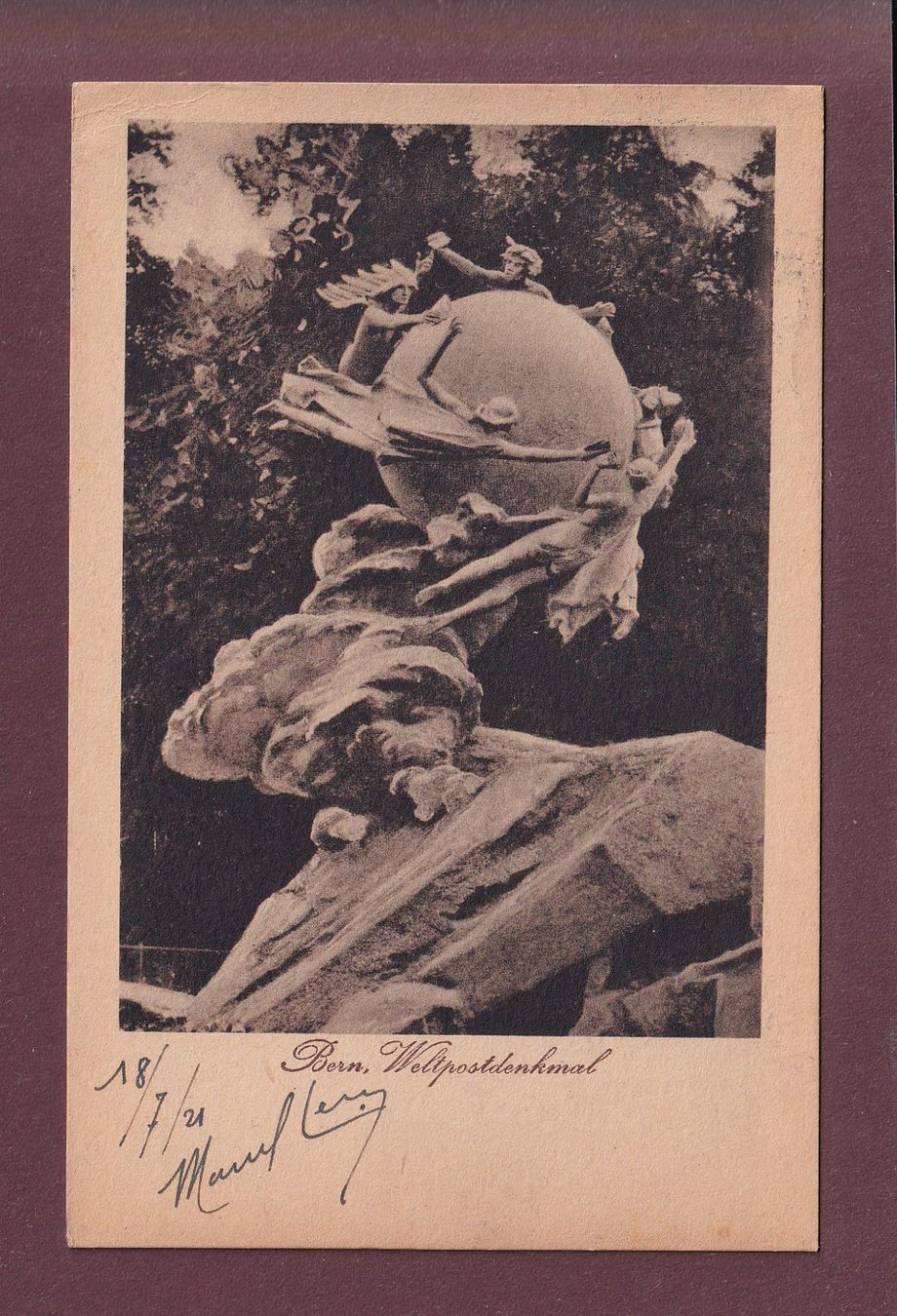 Ansichtskarten: BERN - Welpostdenkmal - 1921 – Gebraucht aus Pully von nicecards