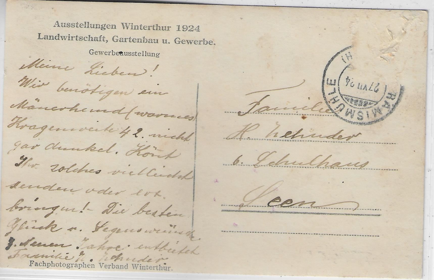 Ansichtskarten: Winterthur 1924 Landwirtschaft, – Gebraucht aus Ettingen von Kartenplanet 1