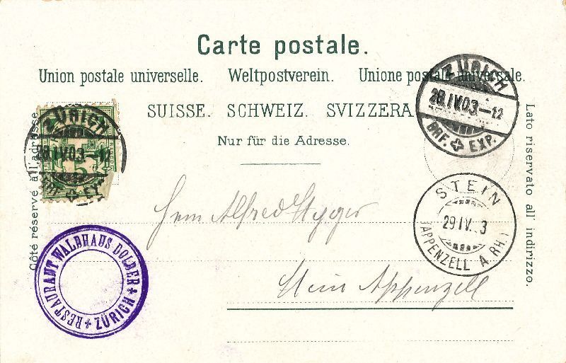Ansichtskarten: Zürich - Waldhaus Dolder + 1903 – Gebraucht aus Emmenbrücke von teestube 1