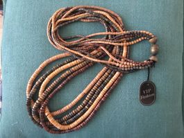 Long collier bois 5 rangs beige-brun neuf