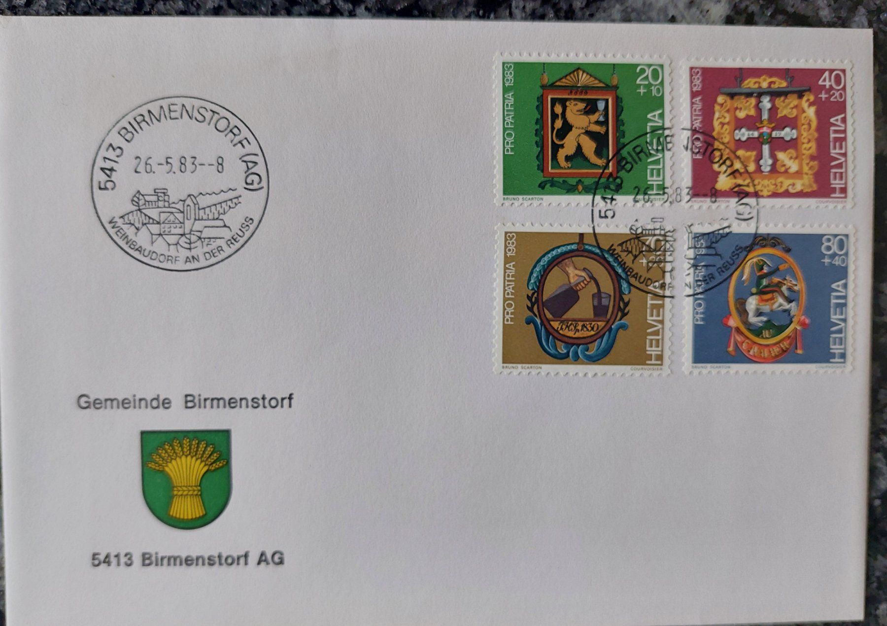 Tutti i francobolli: Ersttagscouvert Birmenstorf Pro Patria 1983 – Usato da Schaffhausen venduto da Rosenmund