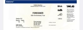 FOREIGNER 50th Anniversary Tour Ticket Hallenstadion 25.0...