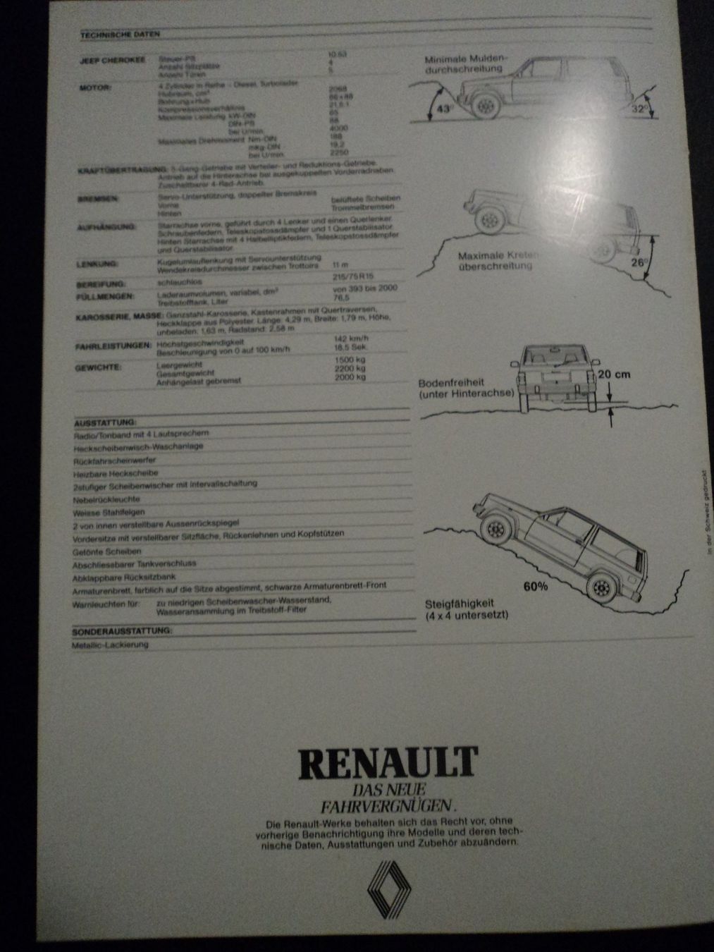 Renault Documenti: Prospekt Renault Jeep Cherokee 1980er – Usato da Schwarzenburg venduto da modelCARama 5