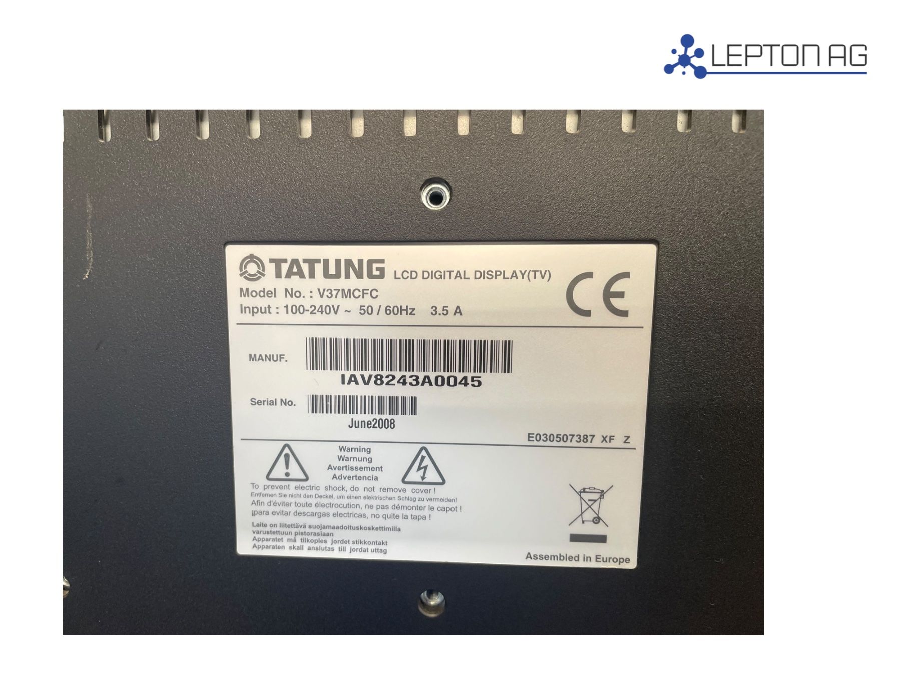 LG Fernseher: Tatung V37MCFC-ET1 LCD Digital Display – Gebraucht aus Niederdorf von LeptonAG 3