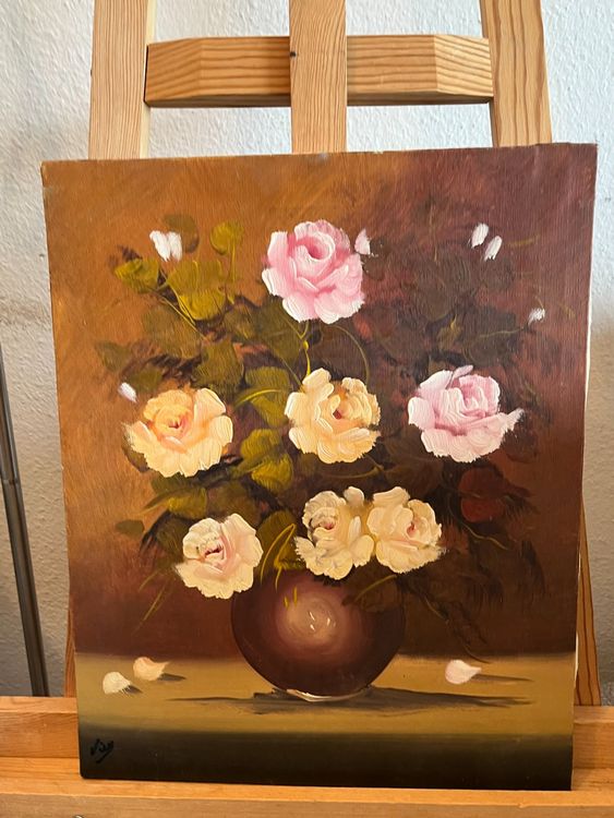 Gemälde: Blumenölgemälde, Rosen in Vase, Vintage Wandkunst – Gebraucht aus Basel von Kaffee_und_Kunst 2