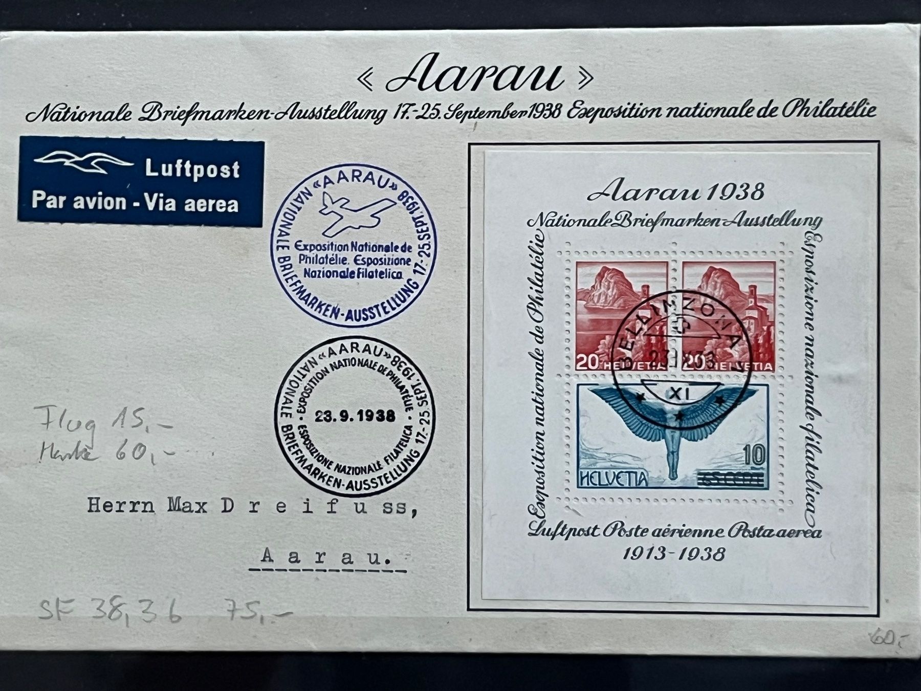 Alle Briefmarken: Aarau Block, Luftpost, 1938 – Gebraucht aus Romanshorn von luxcollect