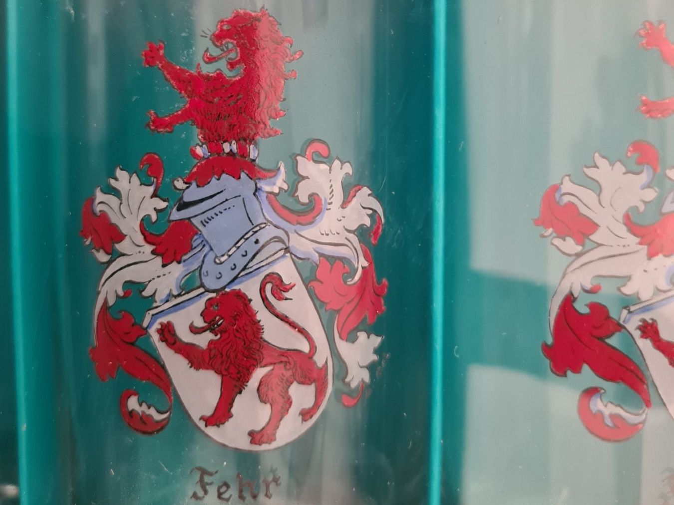 Bicchieri: 6 Trinkgläser FEHR mit Wappen, neu – Nuovo e nell'imballaggio originale da Winterthur venduto da bibummi 1
