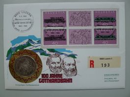 1982, Numisbrief 100 Jahre Gotthardbahn mit 5-Fr.-Münze